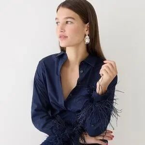 J crew Navy cotton poplin Feather-Trimmed buttondown Top